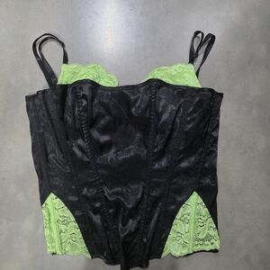 Frederick's of Hollywood Black and Lime Green Lace Corset Size S